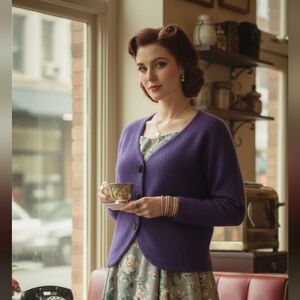 Vintage Deep Purple Soft Fuzzy Rabbit Hair Velvet Button Down Cardigan SZ S